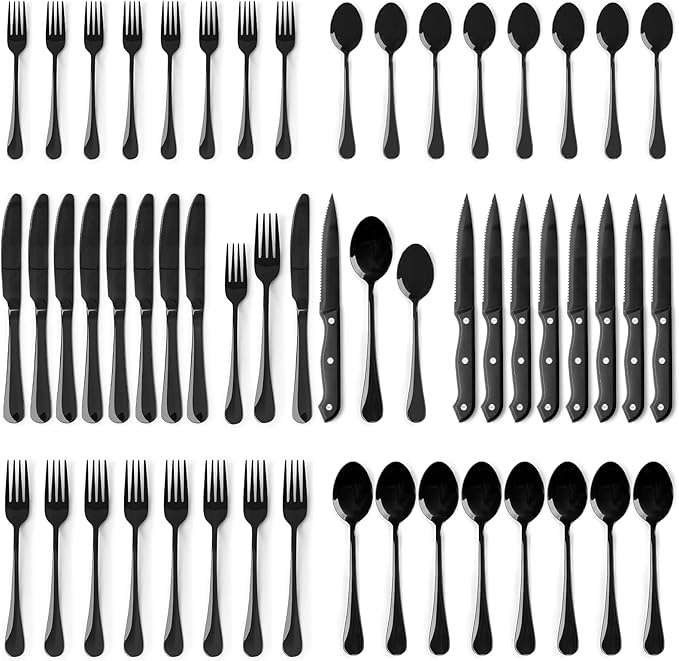 24-Piece Stainless Steel Silverware Set for 4 – Black Cutlery with Steak Knives