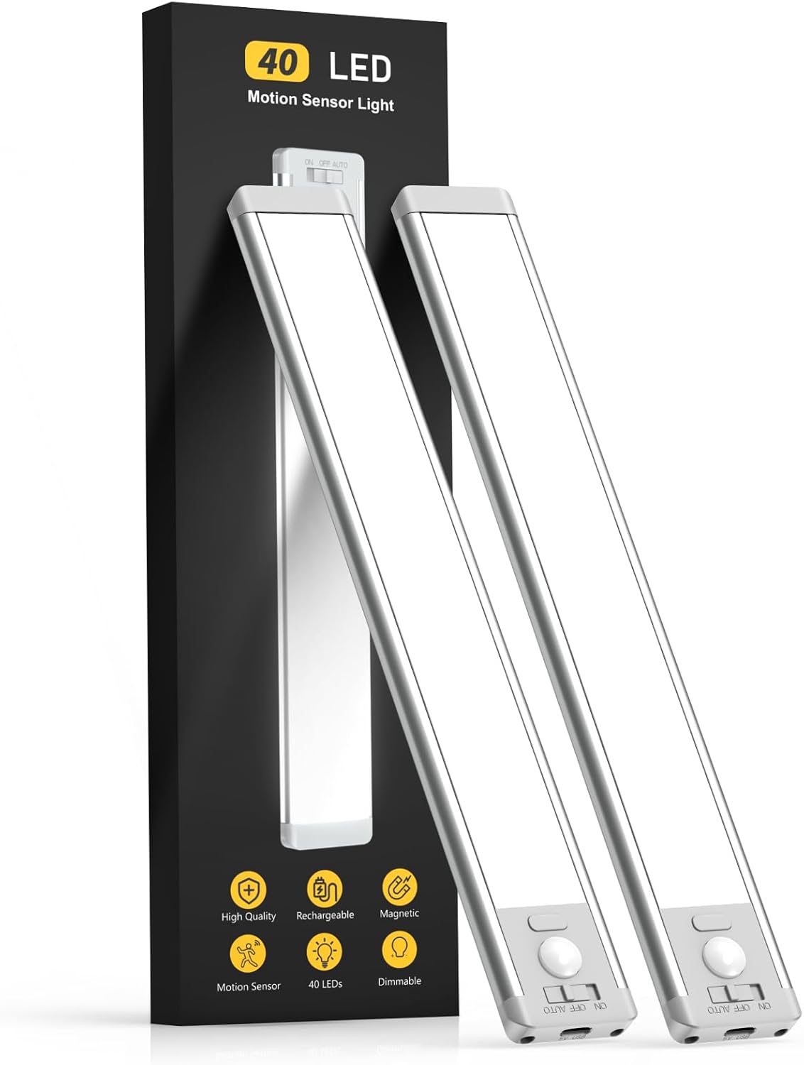 Under Cabinet Lighting 2 Pack – Rechargeable Motion Sensor Magnetic Closet Lights, 5-Level Dimmable