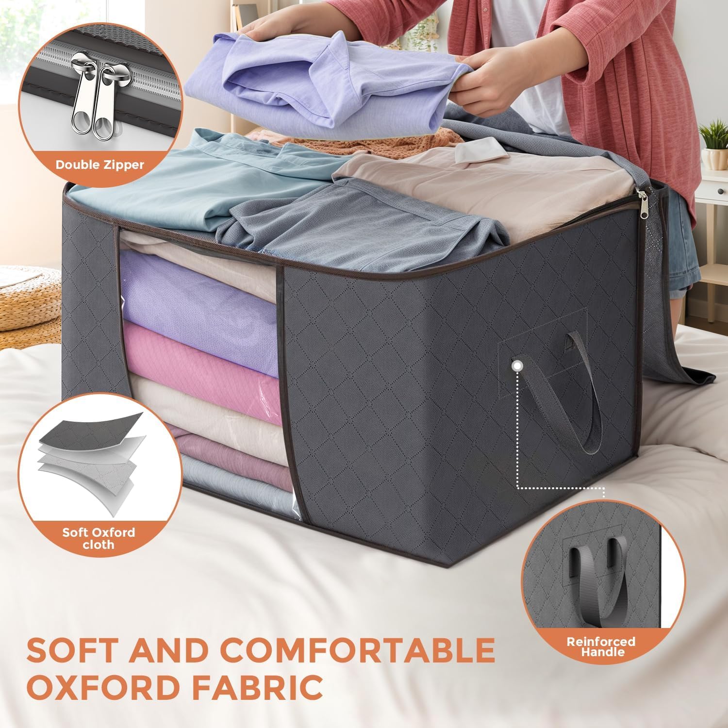 90L Large Storage Bags 6 Pack – Foldable Clothes Storage Bins with Reinforced Handles