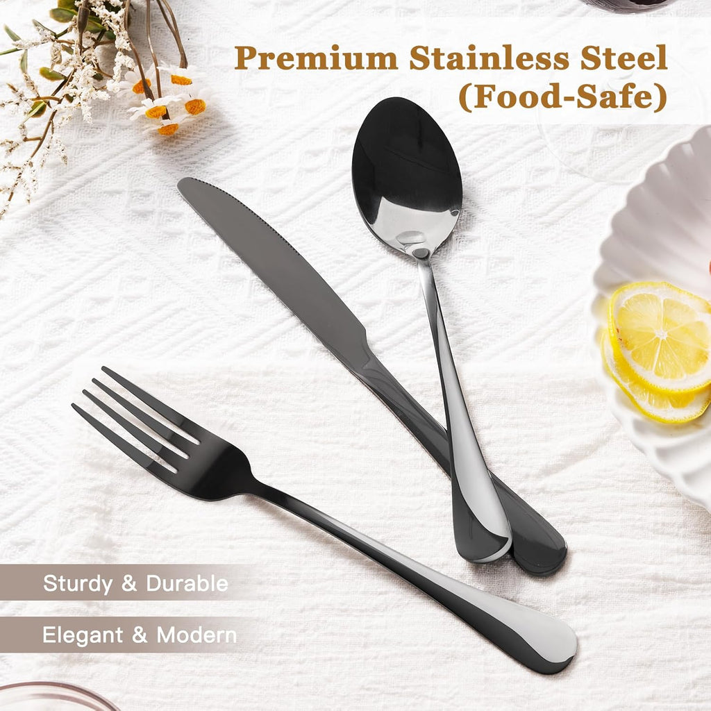 24-Piece Stainless Steel Silverware Set for 4 – Black Cutlery with Steak Knives