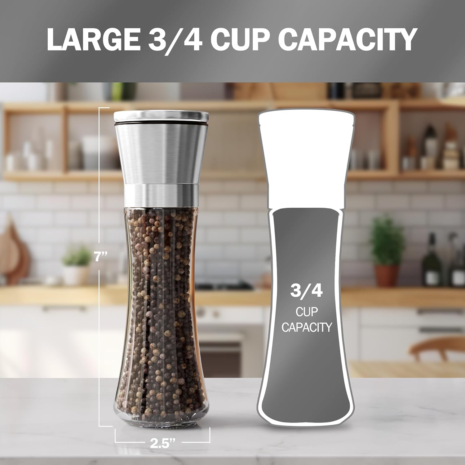 Stainless Steel Salt & Pepper Grinder Set (2 Pack) – Adjustable Ceramic, Glass Bottles