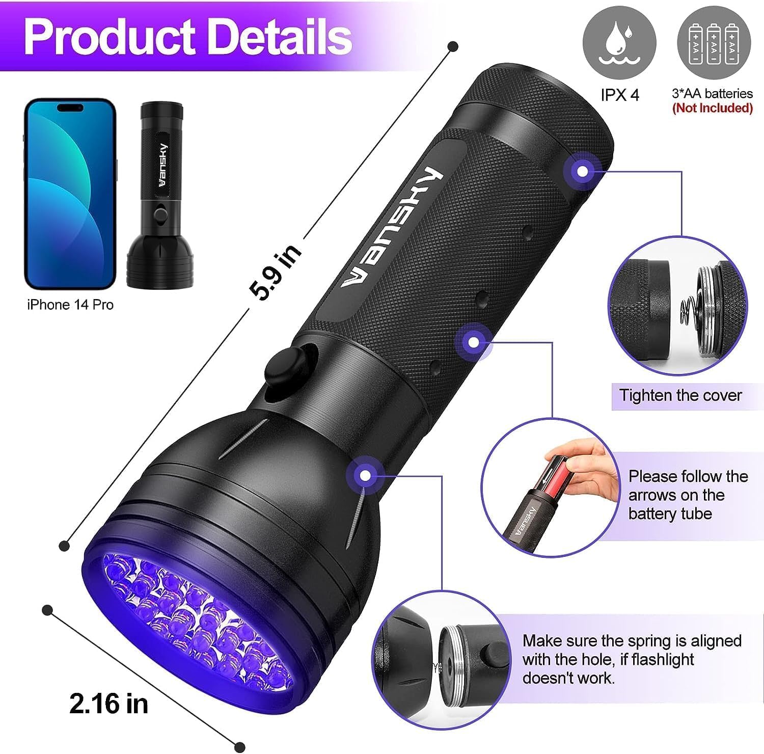 UV Blacklight Flashlight – 51 LED Pet Urine & Stain Detector