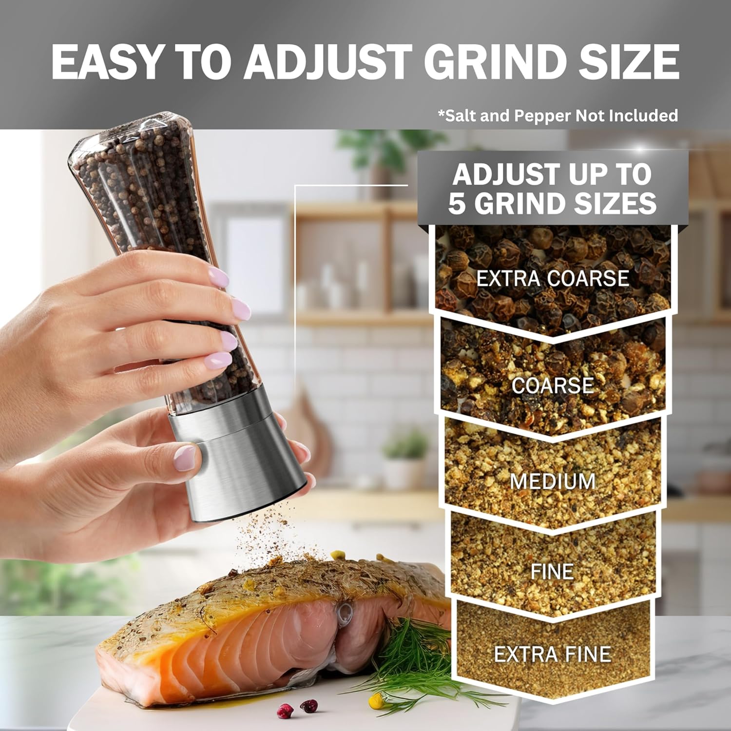 Stainless Steel Salt & Pepper Grinder Set (2 Pack) – Adjustable Ceramic, Glass Bottles