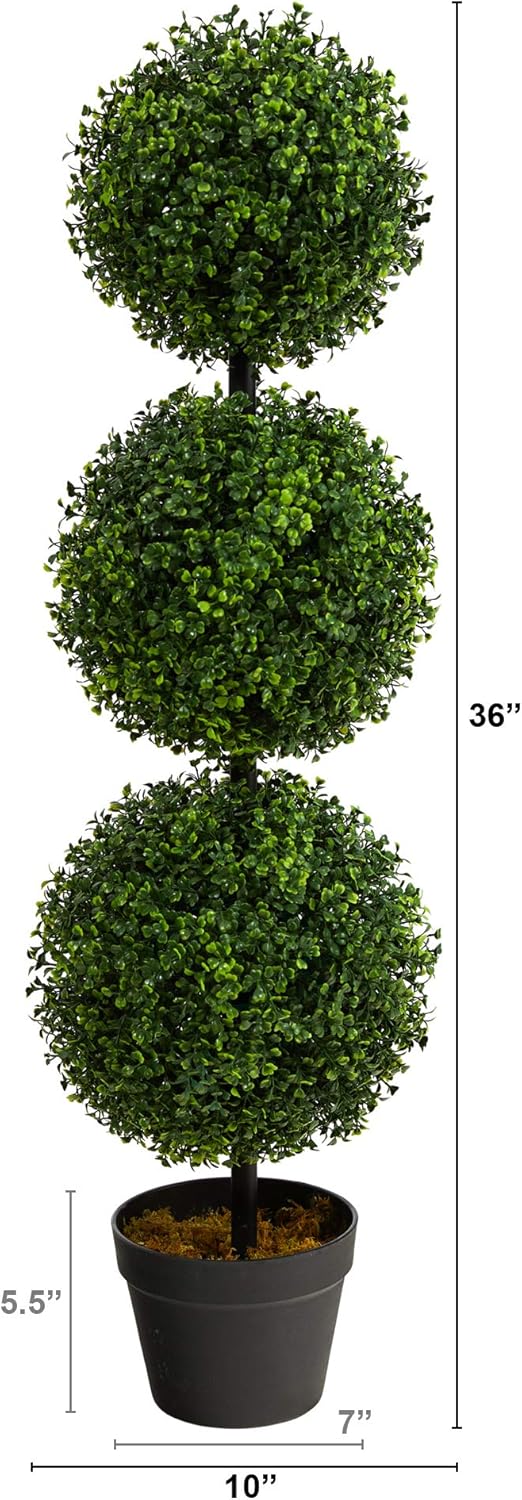 36" Artificial Boxwood Topiary Tree – Triple Ball Faux Plant Indoor/Outdoor