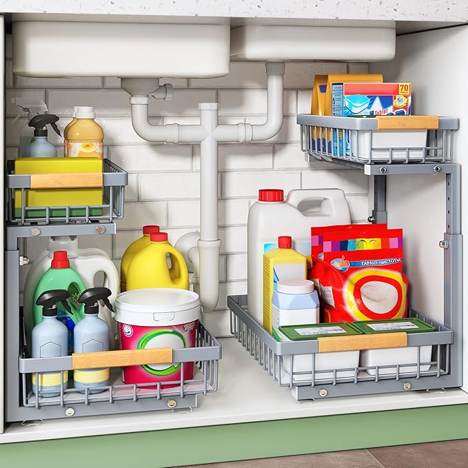 Under Sink Organizer – 2 Tier Pull-Out Sliding Metal Drawer Rack