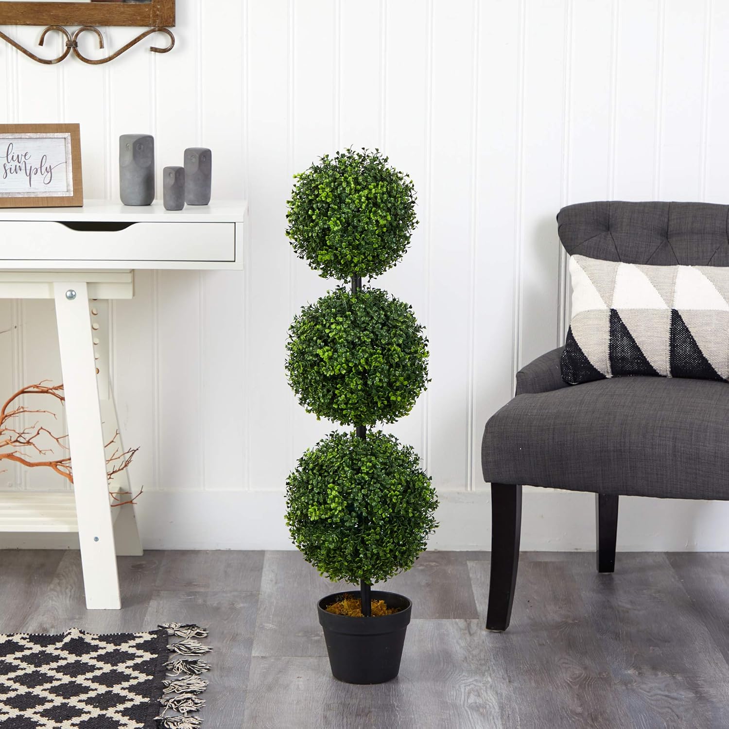 36" Artificial Boxwood Topiary Tree – Triple Ball Faux Plant Indoor/Outdoor
