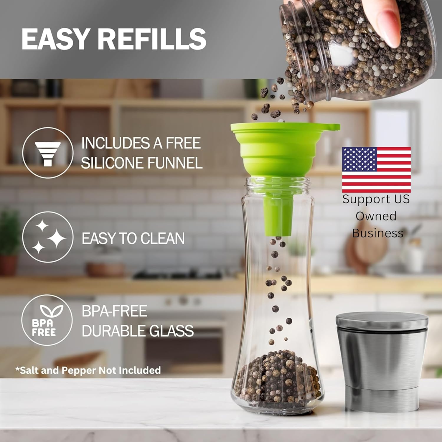 Stainless Steel Salt & Pepper Grinder Set (2 Pack) – Adjustable Ceramic, Glass Bottles