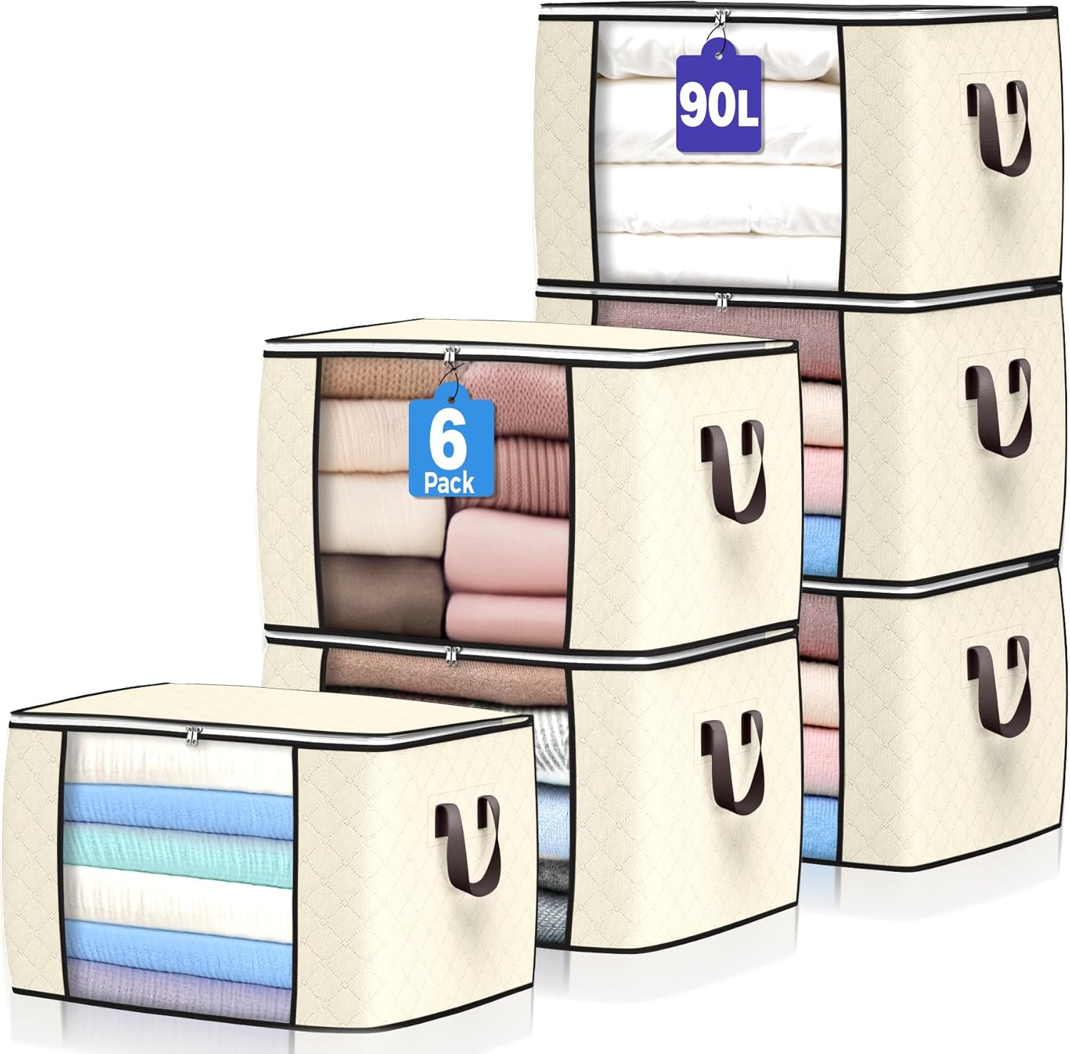 90L Large Storage Bags 6 Pack – Foldable Clothes Storage Bins with Reinforced Handles