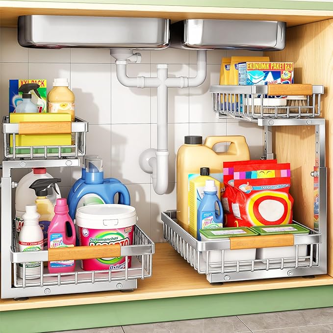 Under Sink Organizer – 2 Tier Pull-Out Sliding Metal Drawer Rack