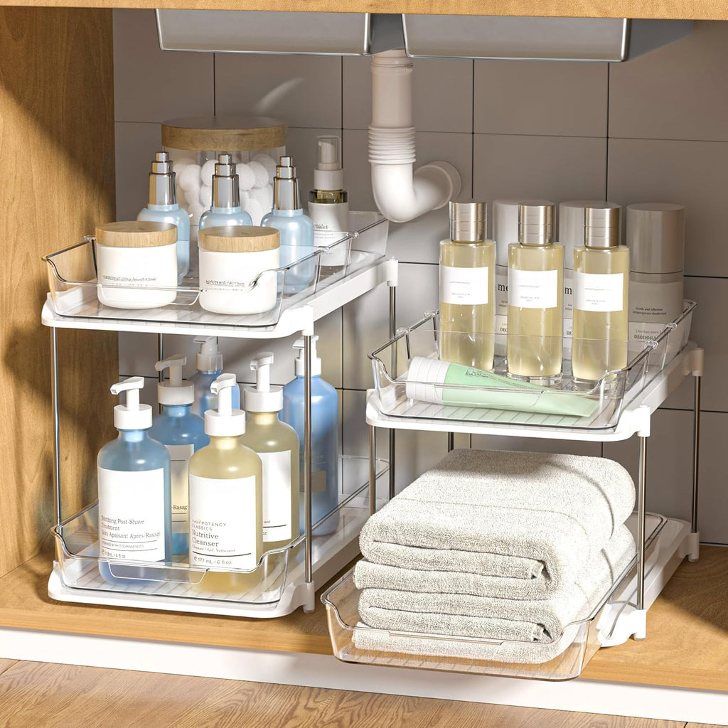 2 Tier Under Sink Organizer 2 Pack – Pull Out Bathroom & Kitchen Storage with Dividers