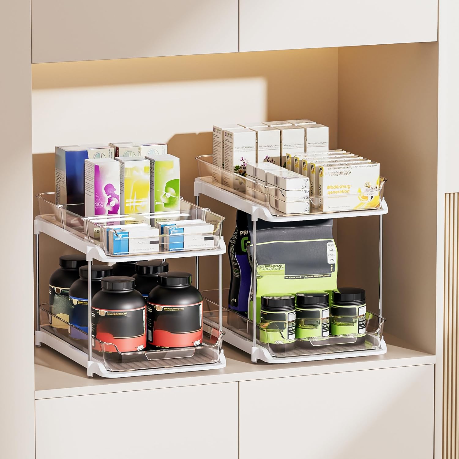 2 Tier Under Sink Organizer 2 Pack – Pull Out Bathroom & Kitchen Storage with Dividers