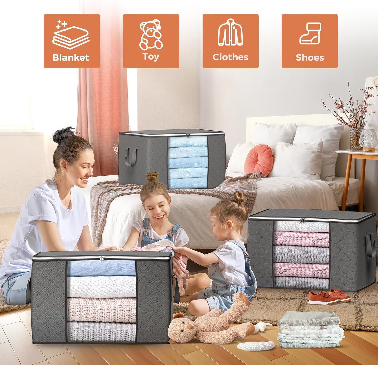 90L Large Storage Bags 6 Pack – Foldable Clothes Storage Bins with Reinforced Handles
