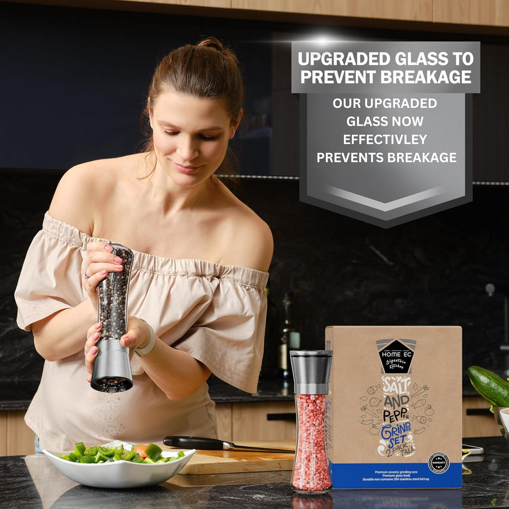 Stainless Steel Salt & Pepper Grinder Set (2 Pack) – Adjustable Ceramic, Glass Bottles