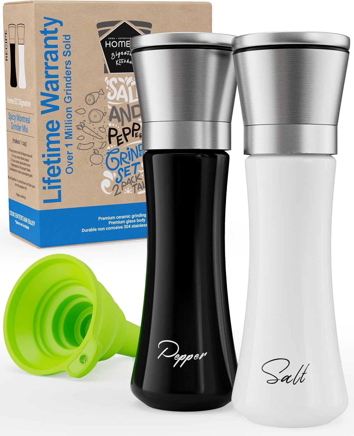 Stainless Steel Salt & Pepper Grinder Set (2 Pack) – Adjustable Ceramic, Glass Bottles