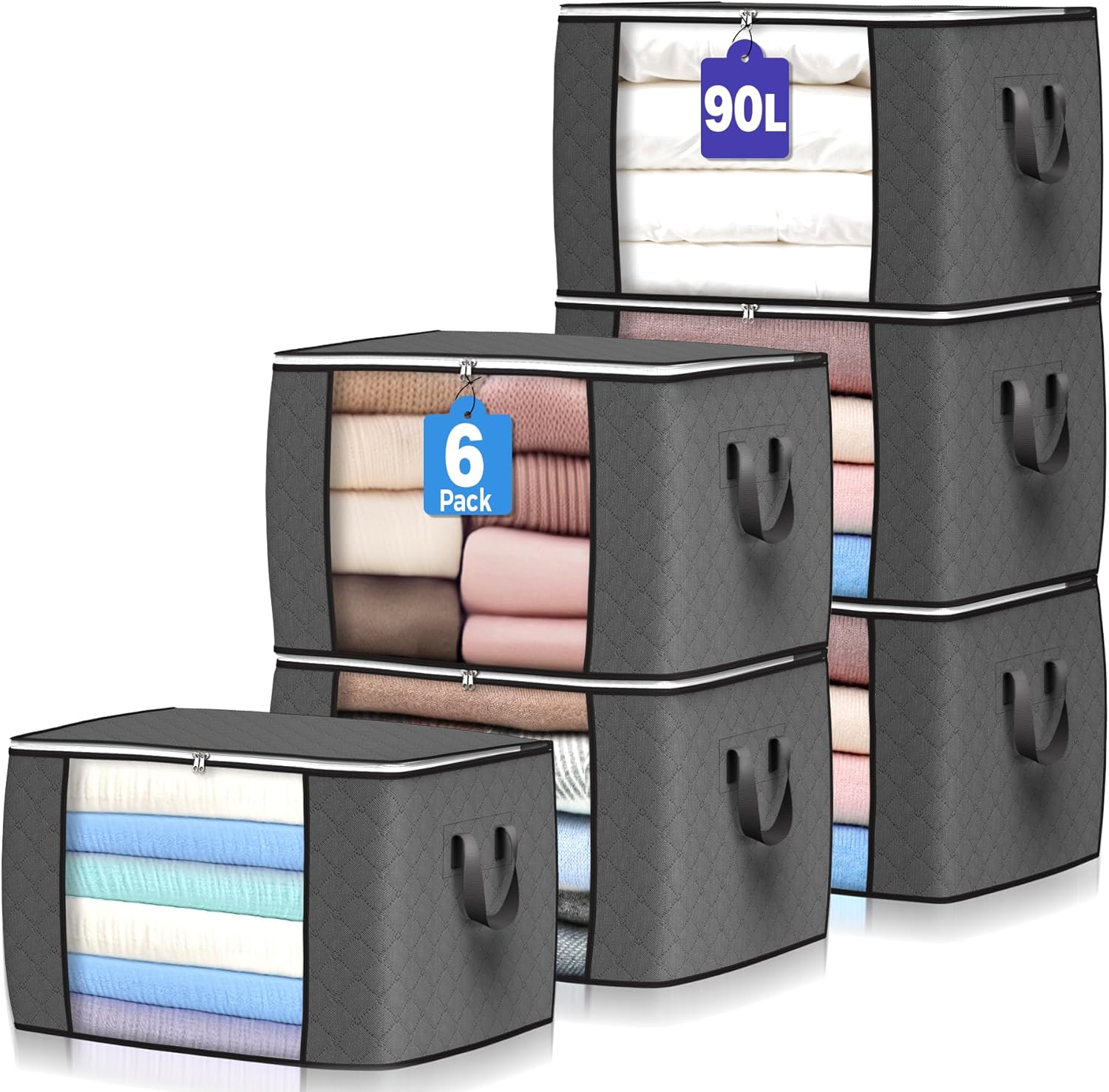 90L Large Storage Bags 6 Pack – Foldable Clothes Storage Bins with Reinforced Handles