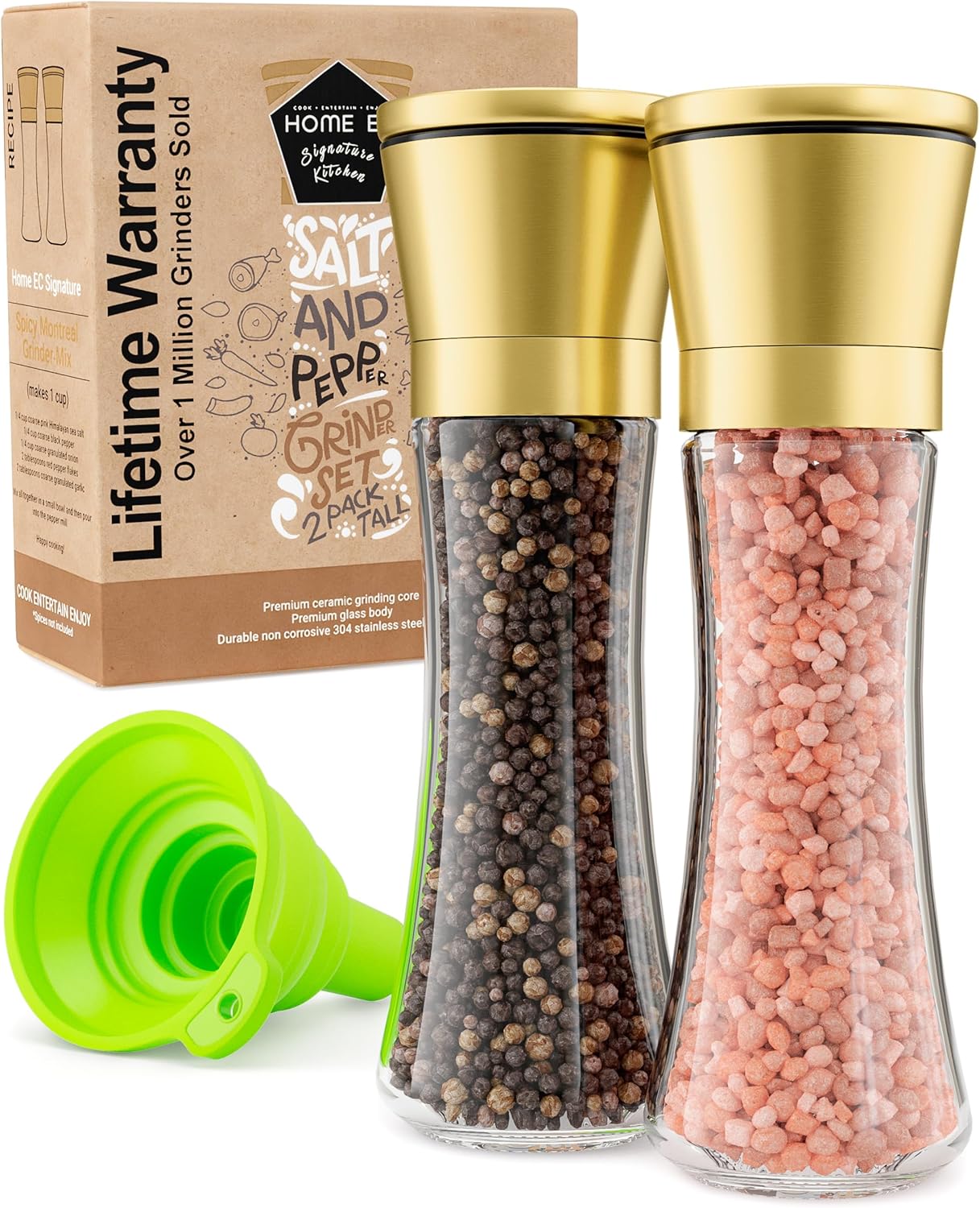 Stainless Steel Salt & Pepper Grinder Set (2 Pack) – Adjustable Ceramic, Glass Bottles