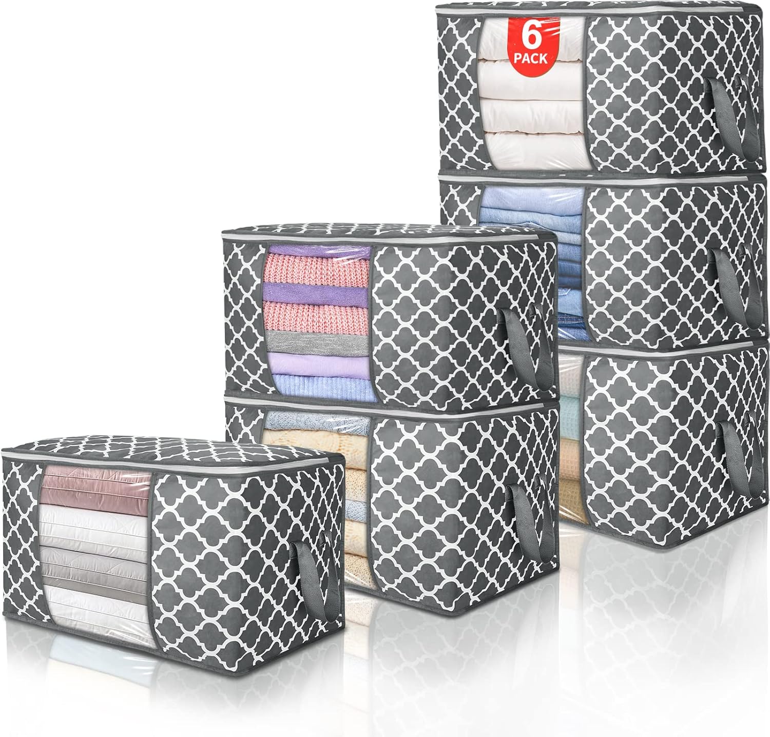 90L Large Storage Bags 6 Pack – Foldable Clothes Storage Bins with Reinforced Handles