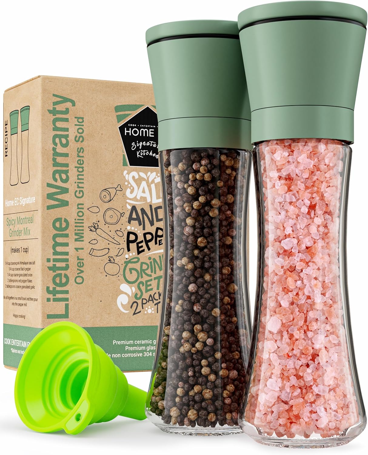 Stainless Steel Salt & Pepper Grinder Set (2 Pack) – Adjustable Ceramic, Glass Bottles