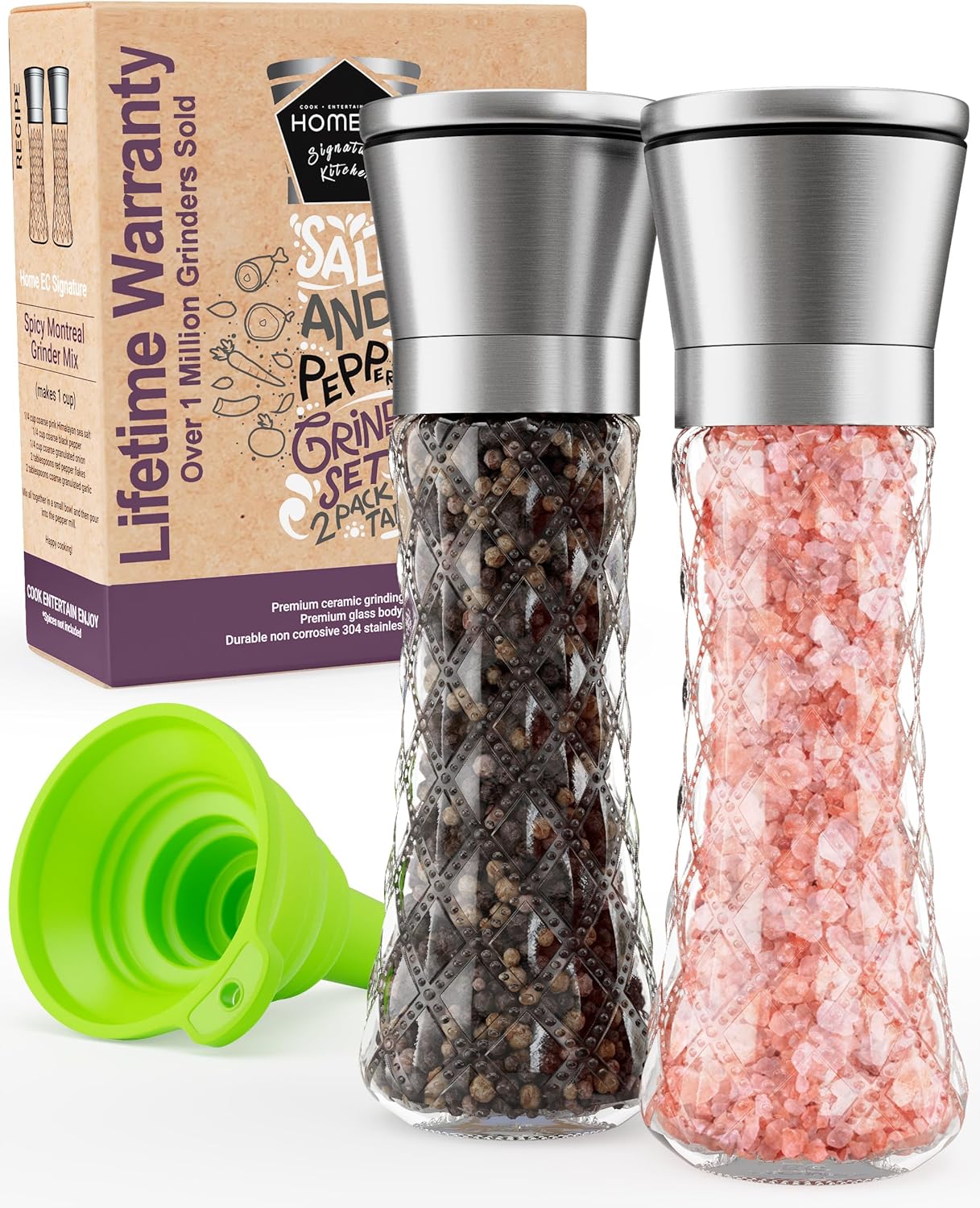 Stainless Steel Salt & Pepper Grinder Set (2 Pack) – Adjustable Ceramic, Glass Bottles