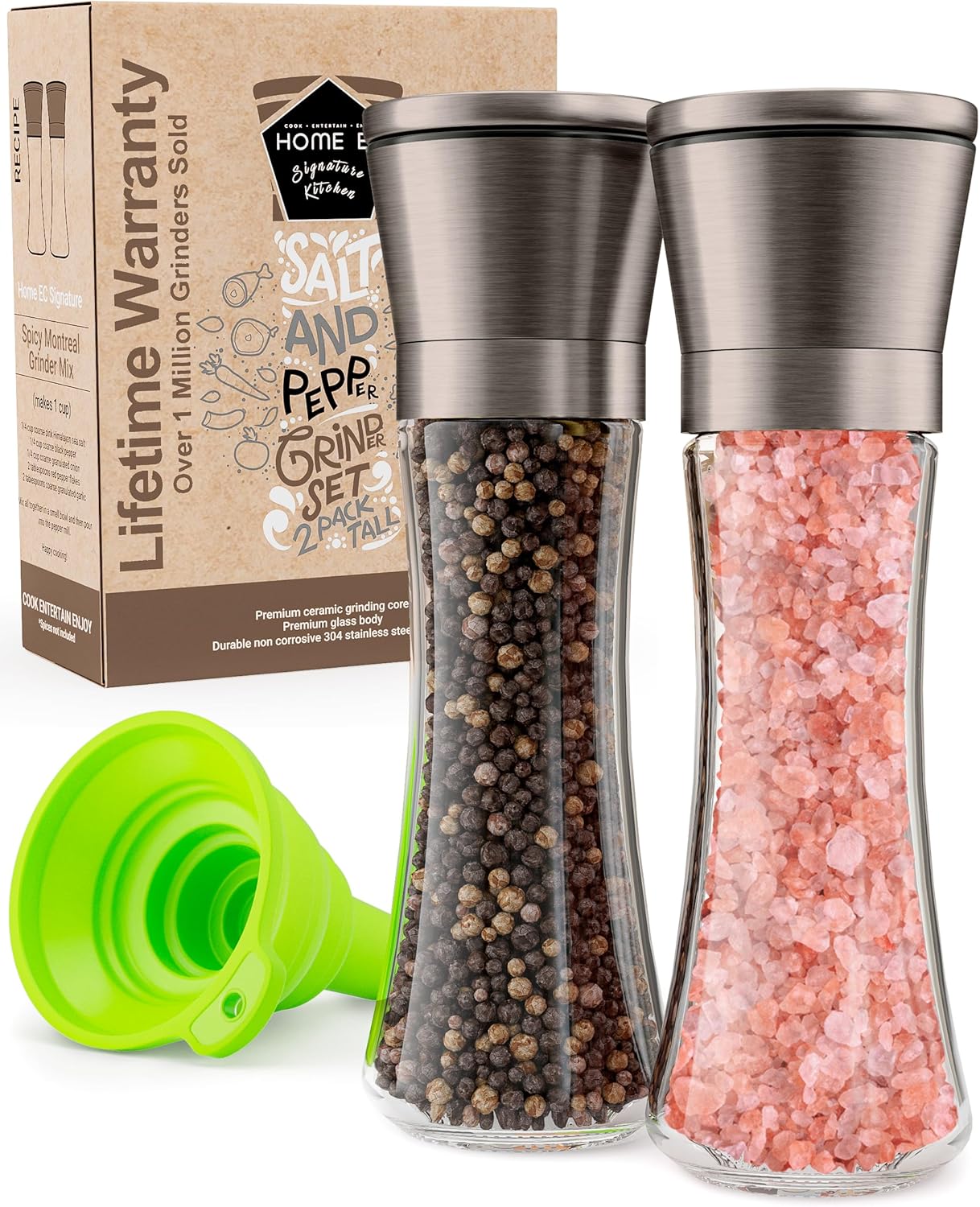 Stainless Steel Salt & Pepper Grinder Set (2 Pack) – Adjustable Ceramic, Glass Bottles