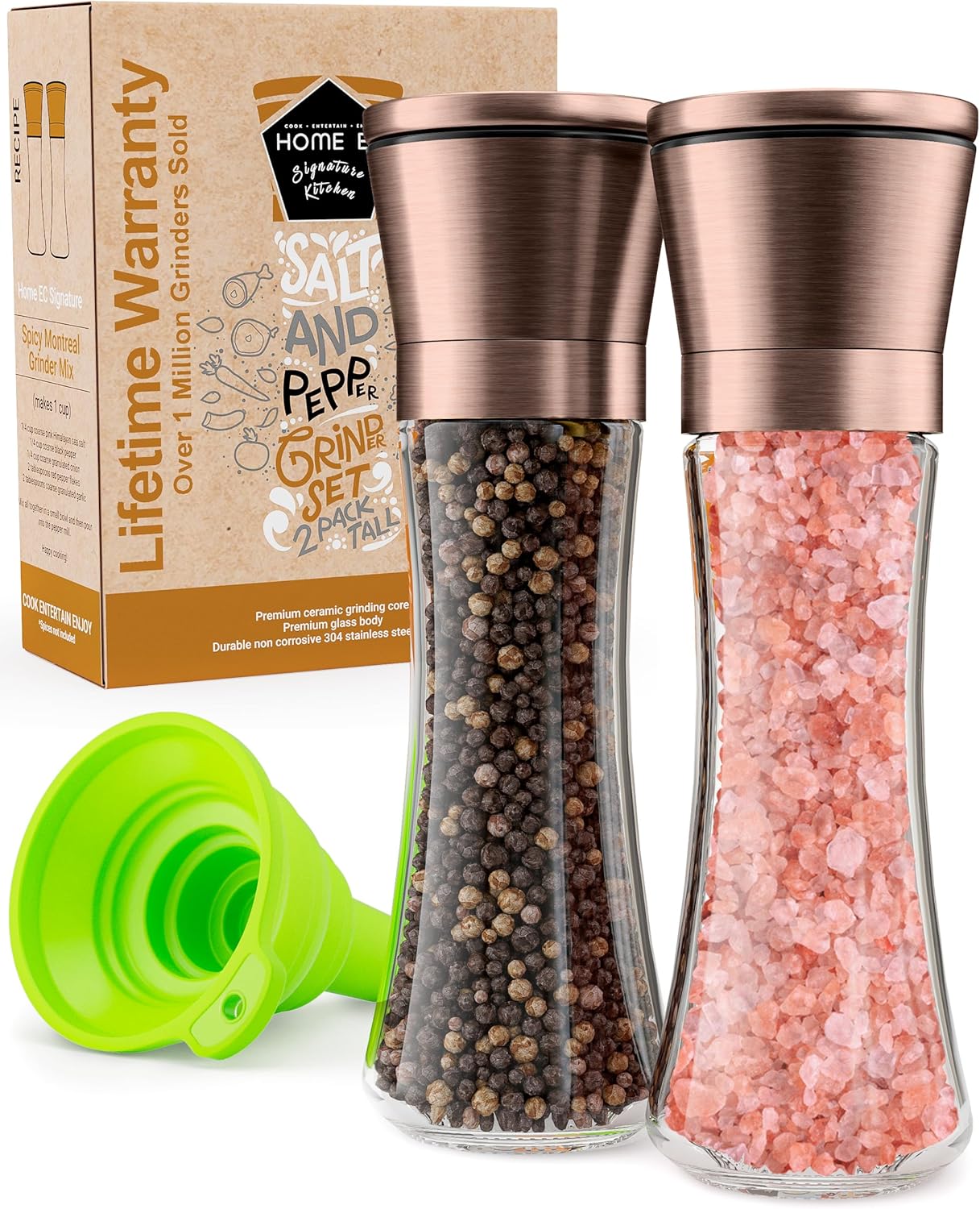Stainless Steel Salt & Pepper Grinder Set (2 Pack) – Adjustable Ceramic, Glass Bottles