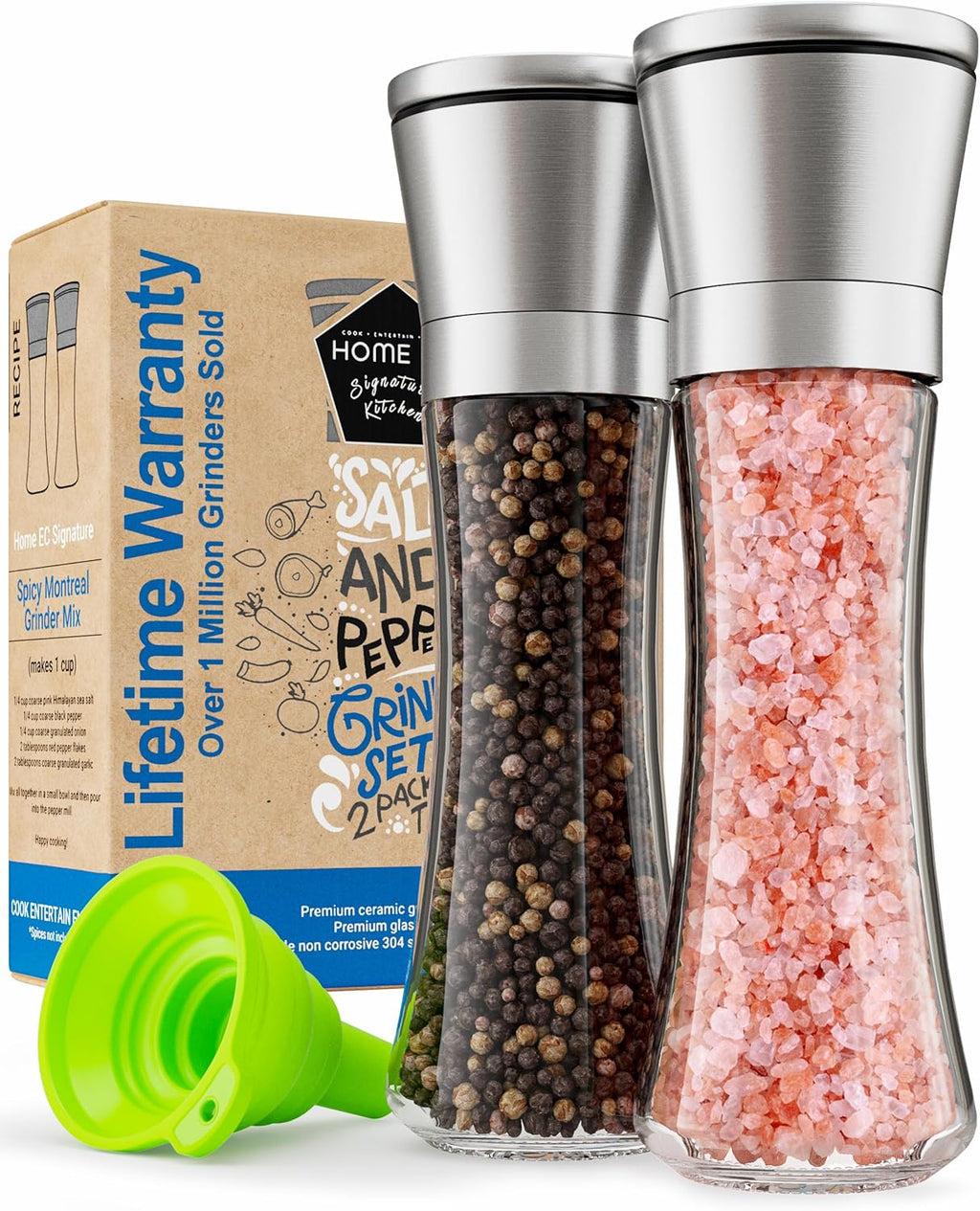Stainless Steel Salt & Pepper Grinder Set (2 Pack) – Adjustable Ceramic, Glass Bottles