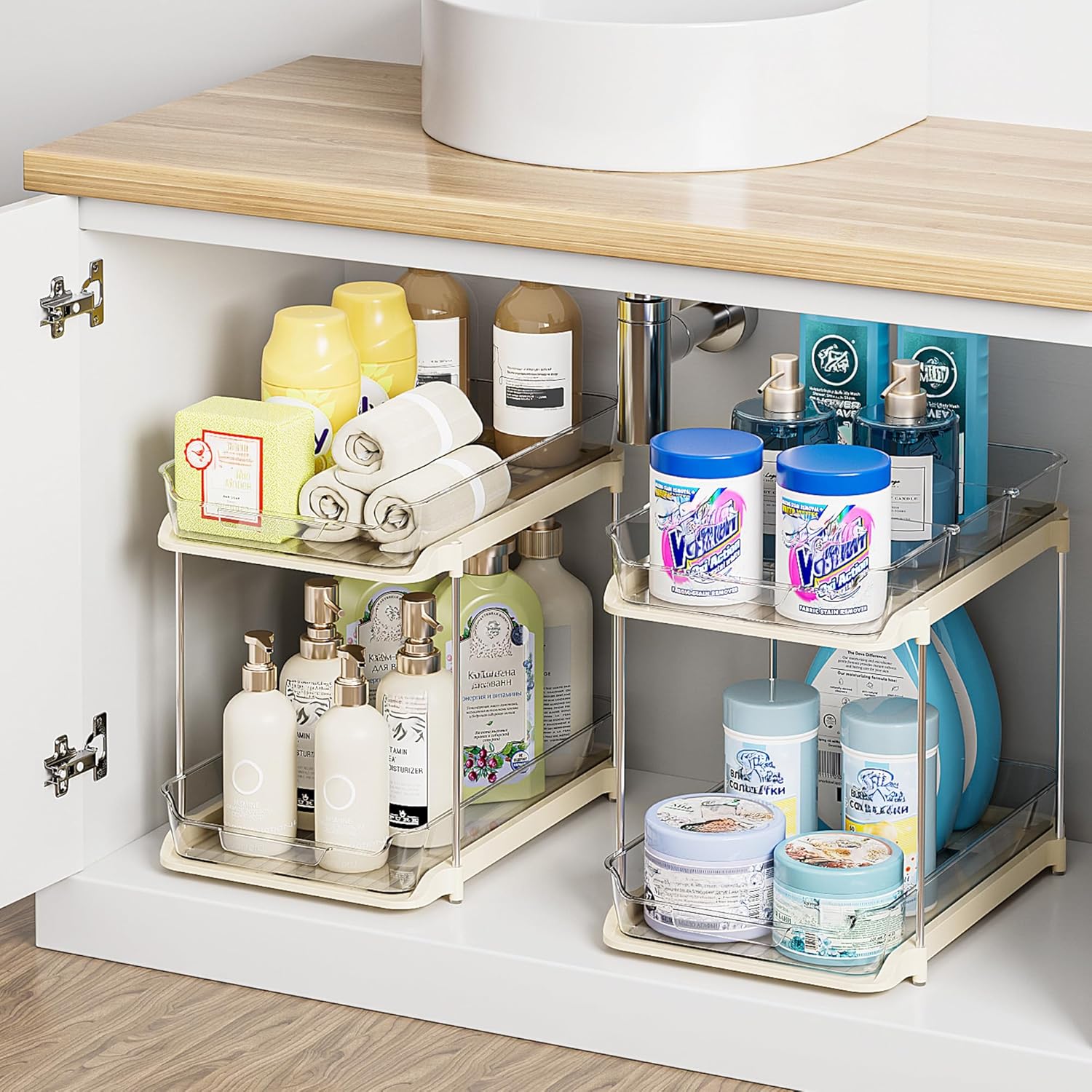 2 Tier Under Sink Organizer 2 Pack – Pull Out Bathroom & Kitchen Storage with Dividers
