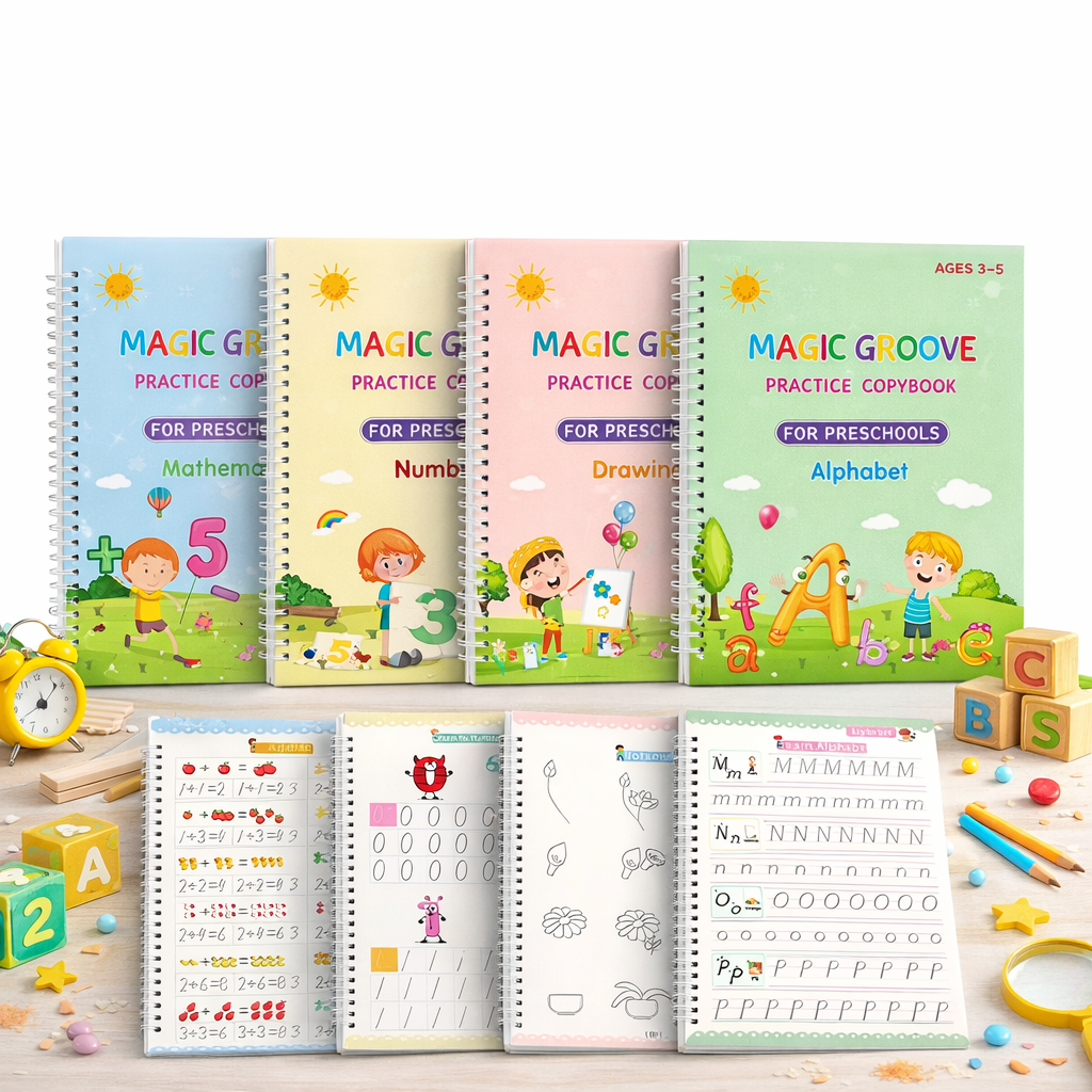 Magic Reusable Copybook Set for Kids (4 Pack) – English, Math & Drawing Writing Practice Books