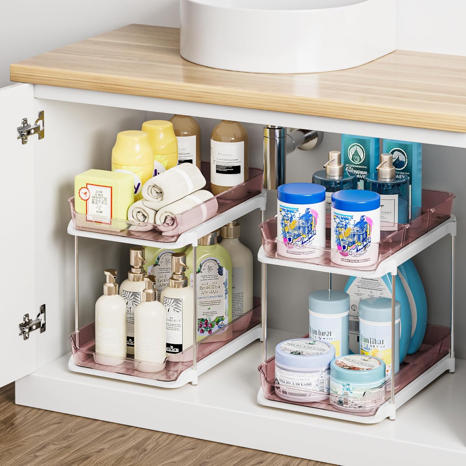 2 Tier Under Sink Organizer 2 Pack – Pull Out Bathroom & Kitchen Storage with Dividers