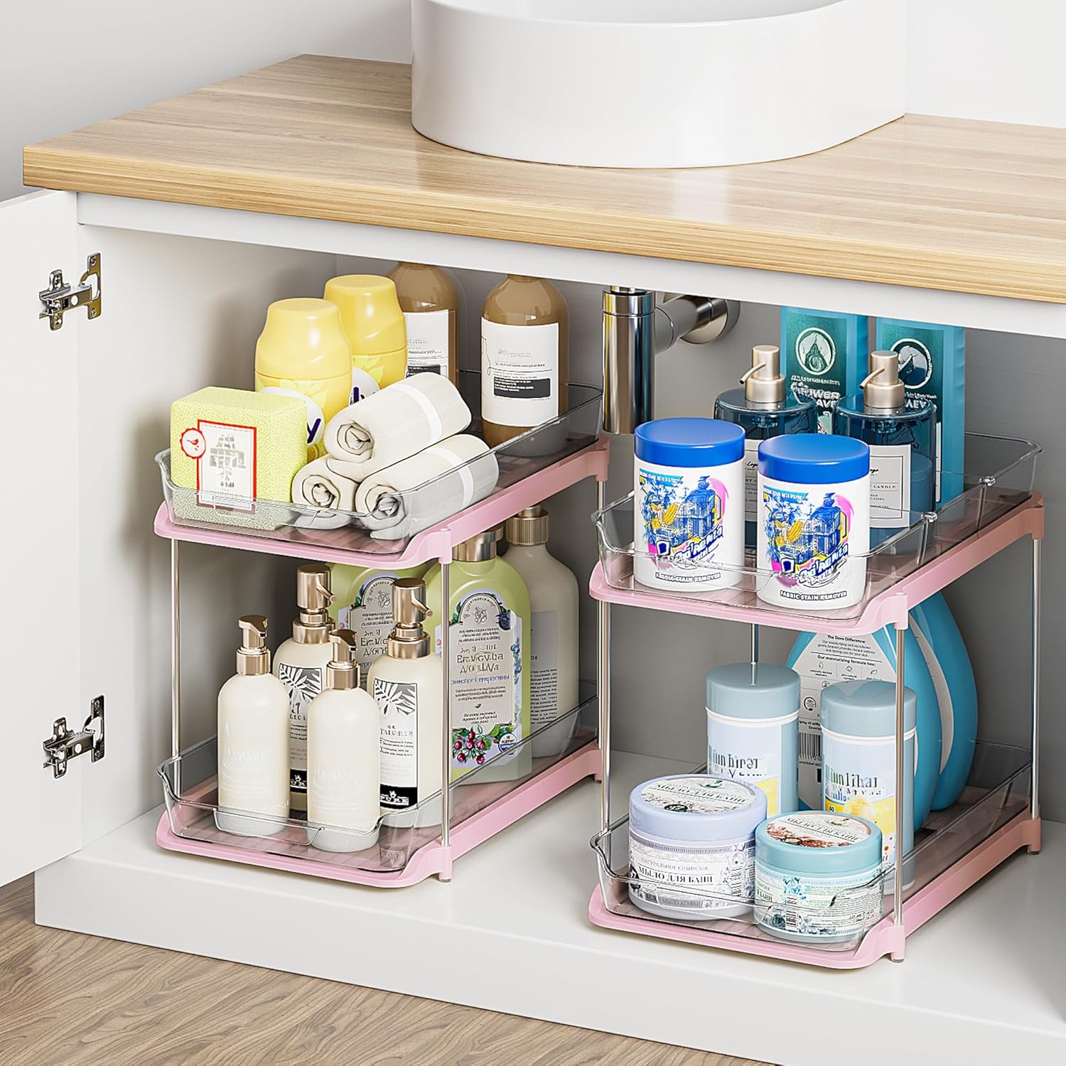 2 Tier Under Sink Organizer 2 Pack – Pull Out Bathroom & Kitchen Storage with Dividers