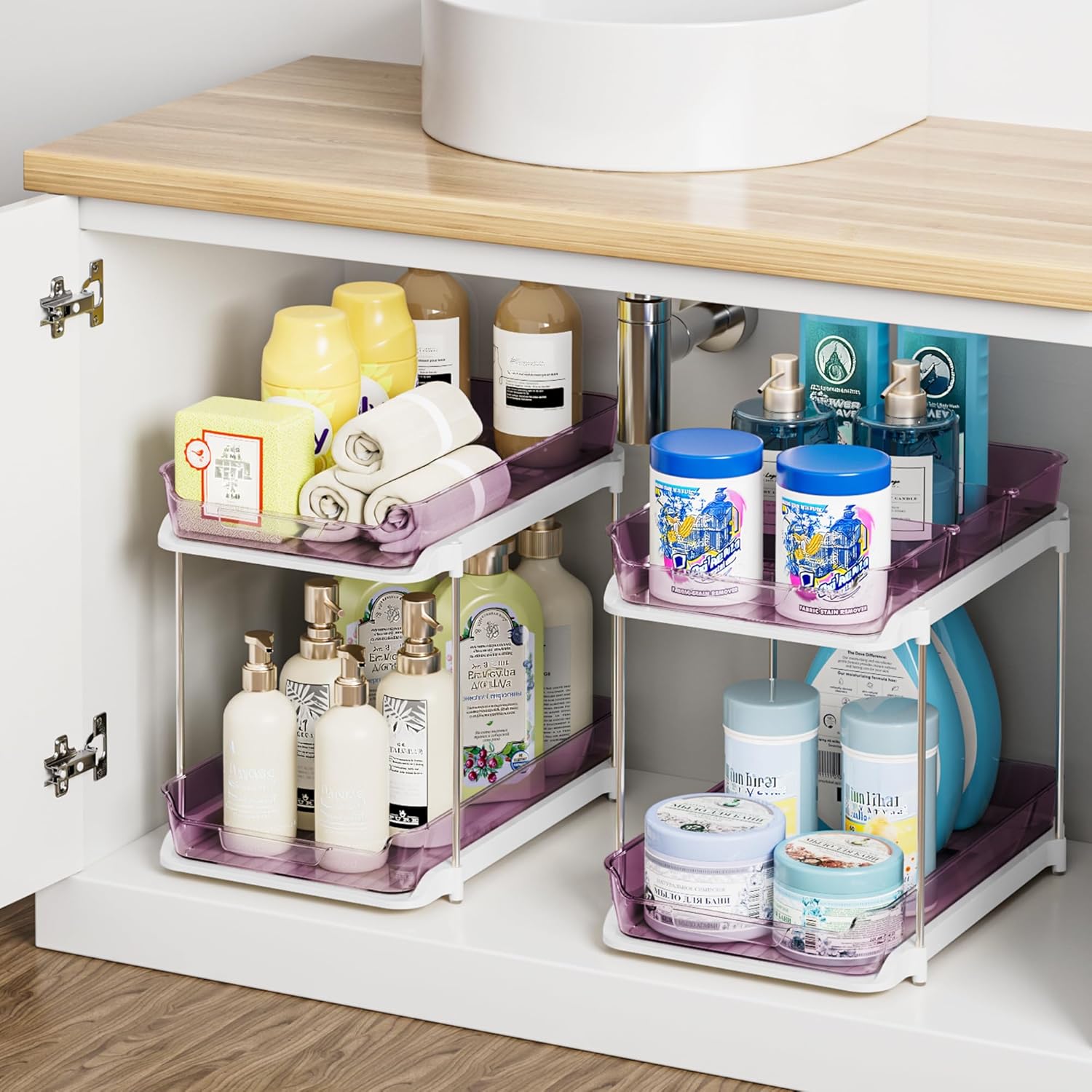 2 Tier Under Sink Organizer 2 Pack – Pull Out Bathroom & Kitchen Storage with Dividers