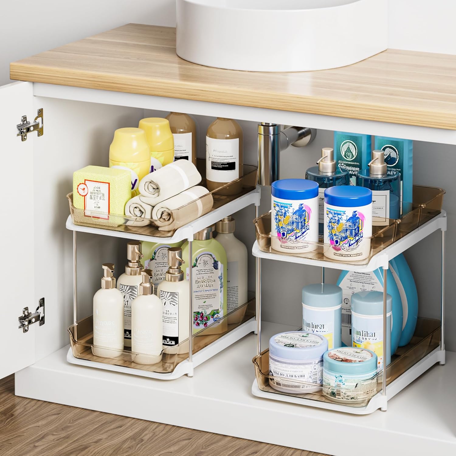 2 Tier Under Sink Organizer 2 Pack – Pull Out Bathroom & Kitchen Storage with Dividers