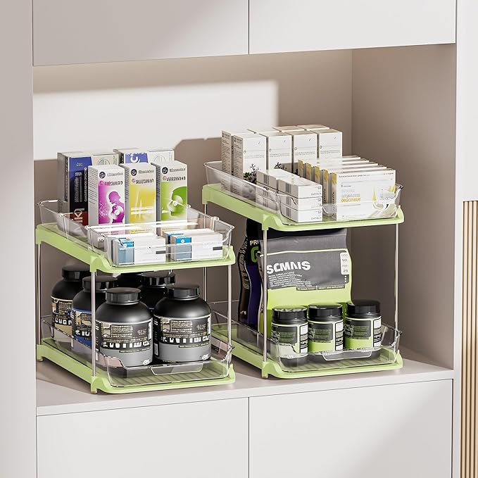 2 Tier Under Sink Organizer 2 Pack – Pull Out Bathroom & Kitchen Storage with Dividers