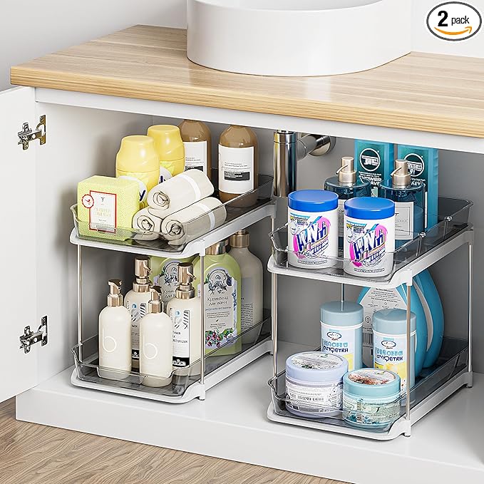 2 Tier Under Sink Organizer 2 Pack – Pull Out Bathroom & Kitchen Storage with Dividers