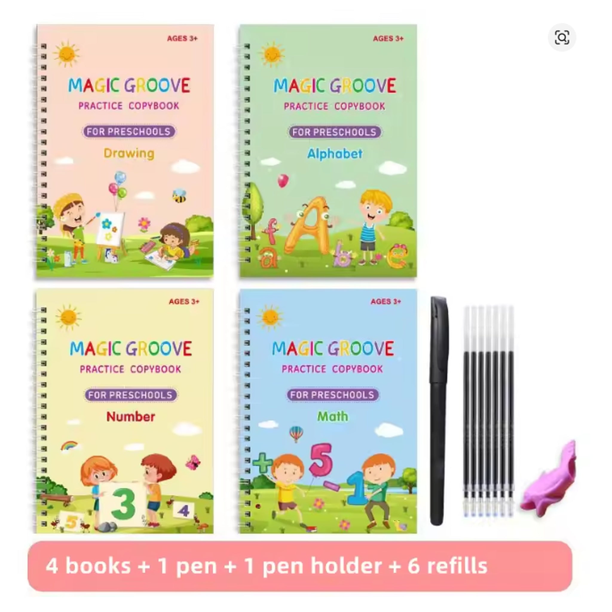 Magic Reusable Copybook Set for Kids (4 Pack) – English, Math & Drawing Writing Practice Books