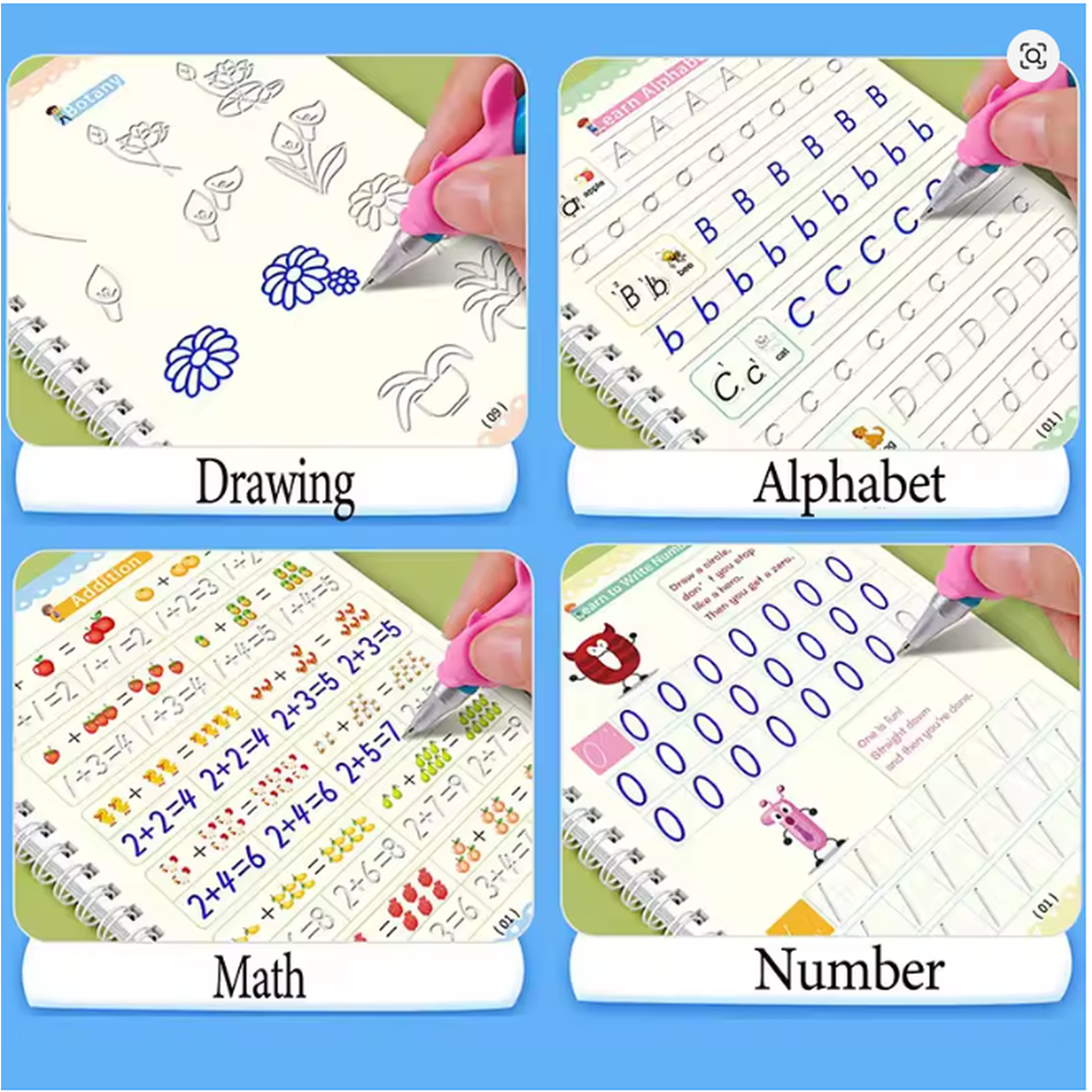 Magic Reusable Copybook Set for Kids (4 Pack) – English, Math & Drawing Writing Practice Books